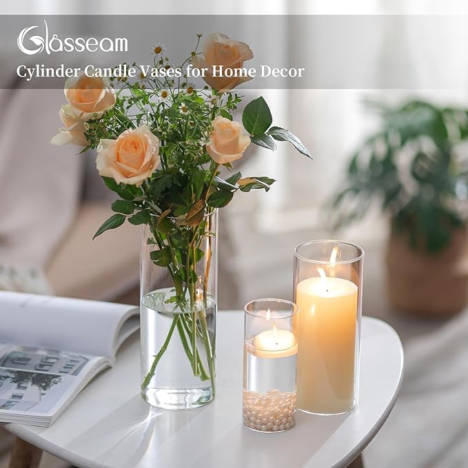 Glasseam Clear Cylinder Vases for Centerpieces, Glass Cylinder Vase Set of 6, Hurricane Vase for Flowers, Glass Cylinder Candle Holder for Pillar Candles, Floating Candle Vases for Wedding Decorations