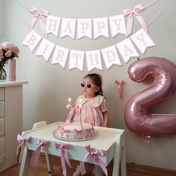 Bow Happy Birthday Banner for Bow Birthday Decorations Pink Bows Garland for - Image 5