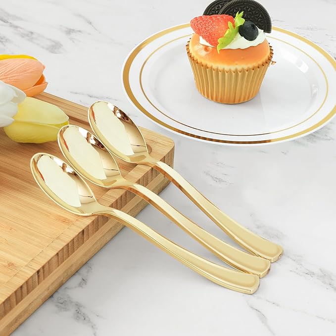 BESTVIP 50 Pack 6.9 Inch Gold Plastic Spoons, Heavy Duty Plastic Silverware, Heavyweight Gold Disposable Spoons, Disposable Serving Utensils for Catering, Parties, Dinners, Weddings, Christmas