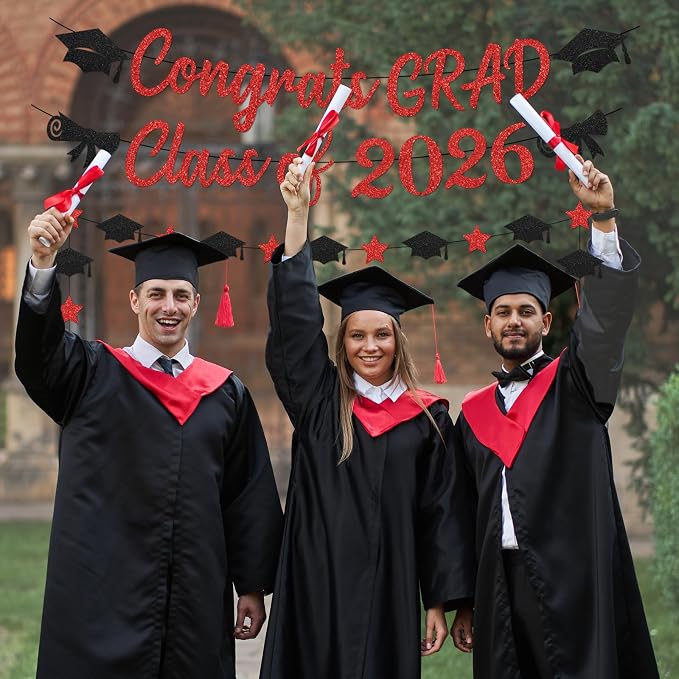 Glitter Red Graduation Decorations Banner, Congrats Grad Banner and Graduation - Image 4