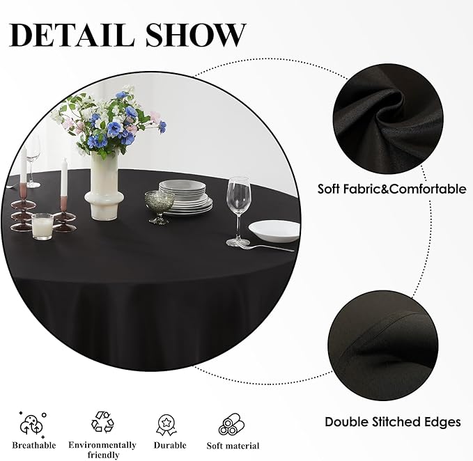 Round Tablecloth 6 Pack 108 Inch Black Tablecloths Washable Decorative Linen Polyester Table Clothes Cover for Dining Table Banquets Buffet Parties and Wedding