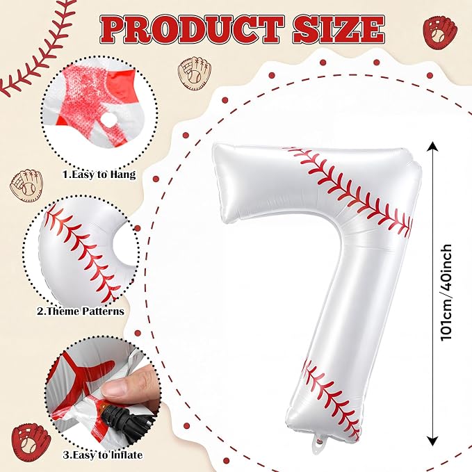 Jenaai Number 7 Baseball Balloons White Red and Blue Baseball Glove Balloons - Image 2