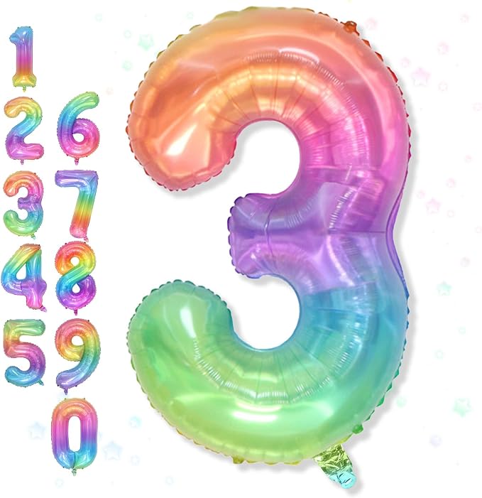 3rd Birthday Balloons for Boys, 40 Inch Foil Self Inflating Rainbow Number 3 by Froova