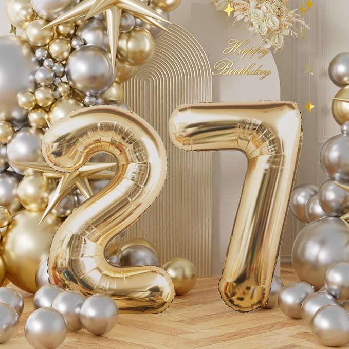AULE 40 Inch Light Gold 27 Balloon Number Foil 0-9 Birthday Big Numbers | - Image 2