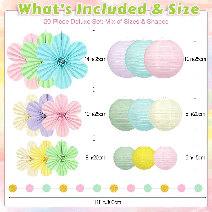 Pastel Hanging Decorations for Classroom, 20-Pc Paper Lanterns Flower Fans | - Image 3