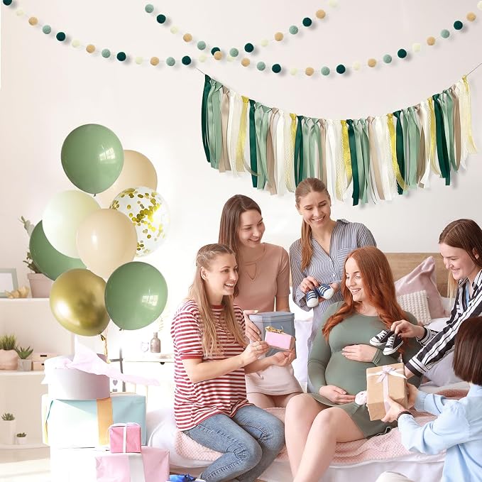 ANSOMO Sage Green Ribbon Felt Ball Garland Fabric Pom Pom Banner | Tan Brown - Image 5