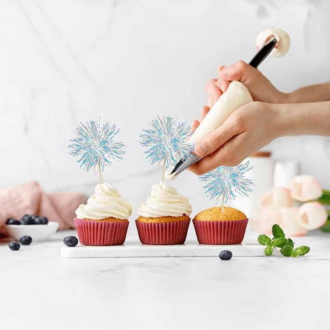 Gyufise 30Pcs Foil Firework Cupcake Toppers Sparkle Tinsel Cake Toppers Tinsel - Image 5