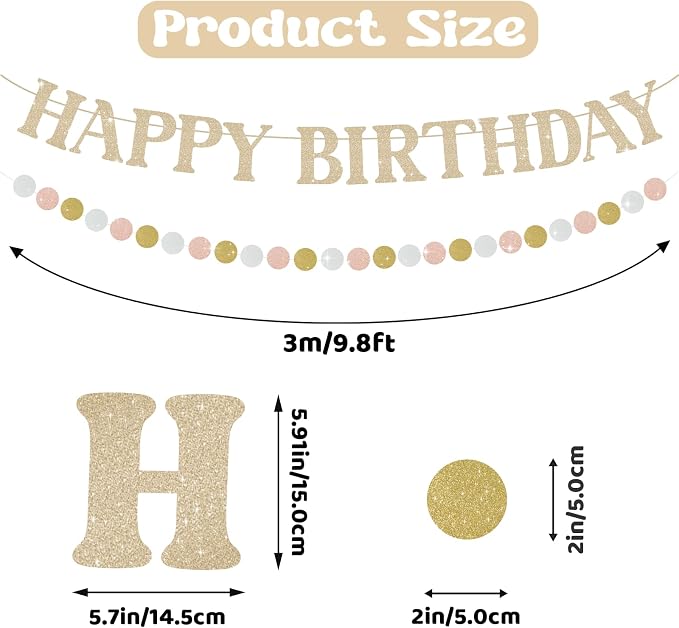 Happy Birthday Banner, Pre-Strung Champagne Gold Birthday Party Decorations - Image 2
