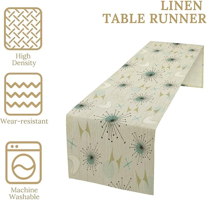 Mid Century Table Runner, Flag Retro Atomic Starburst 1950s Abstract Geometric Space Tabletop Decoration for Home Kitchen Restaurant Table Flag 13x108 Inch
