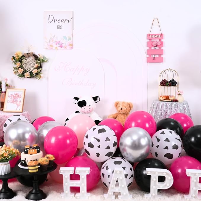 Cow Printed Balloons Pink and Black, Metallic Silver Pastel Hot Pink Black - Image 2