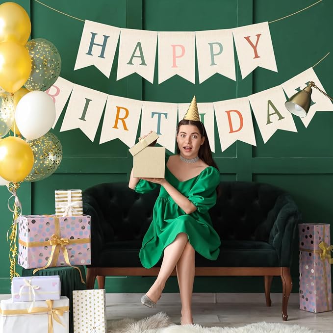 Doumeny Happy Birthday Burlap Banner Boho Birthday Garland Bunting Sage Green - Image 6