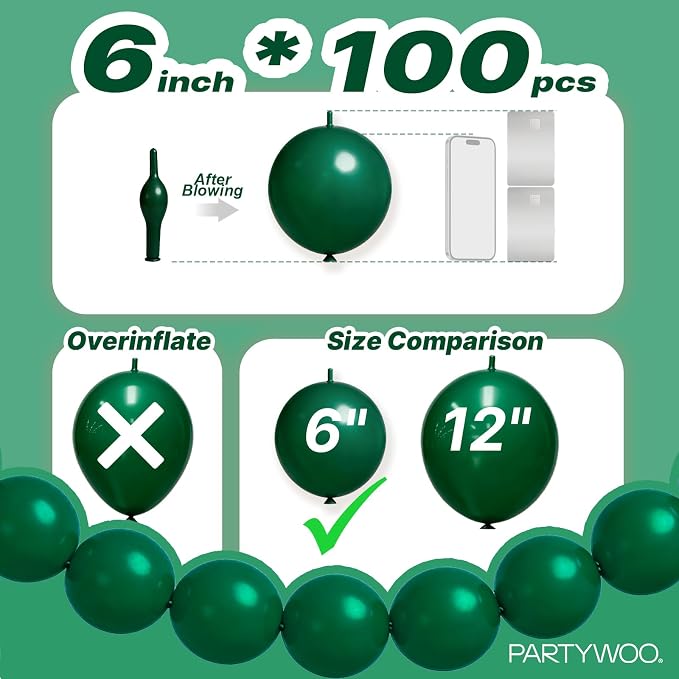PartyWoo Dark Green Linking Balloons 100pcs 6 Inch Emerald Link Balloons | - Image 4