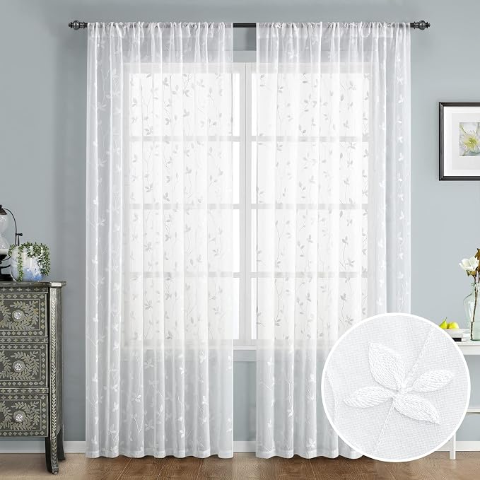 HOMEIDEAS White Sheer Curtains 2 Panels, Embroidered Vine Leaf, W52 x L96 | by HOMEIDEAS