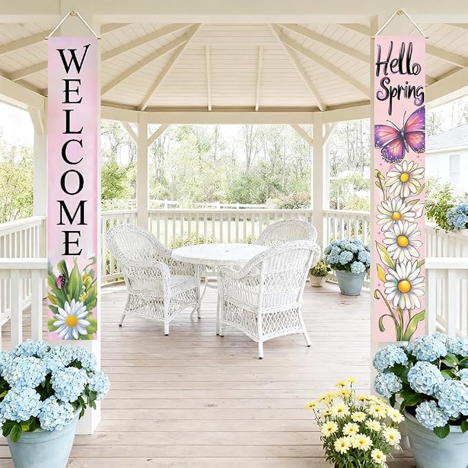 2 Piece Porch Banners 71x12 Inch Hello Spring Butterfly Door Decor | Two-piece - Image 2