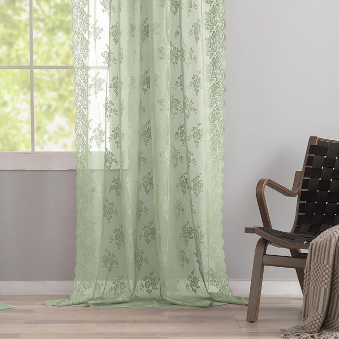 Kotile Sage Green Sheer Curtains Vintage Rustic Floral, 52x96 Inch 2 Panels | - Image 6