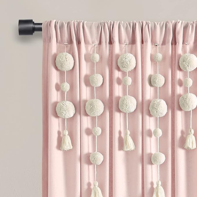 Lush Decor Boho Pom Pom Tassel Linen Textured Window Curtain Panel, Single 52" - Image 2