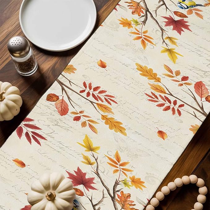 Thanksgiving Fall Cotton Linen Table Runner for Dining Kitchen, Blue Pumpkins Rustic Wedding Outdoor Party Autumn Tablerunners Decoration, Leaves Dresser Scarf Coffee Tablecloth Runners 13x120 Inches