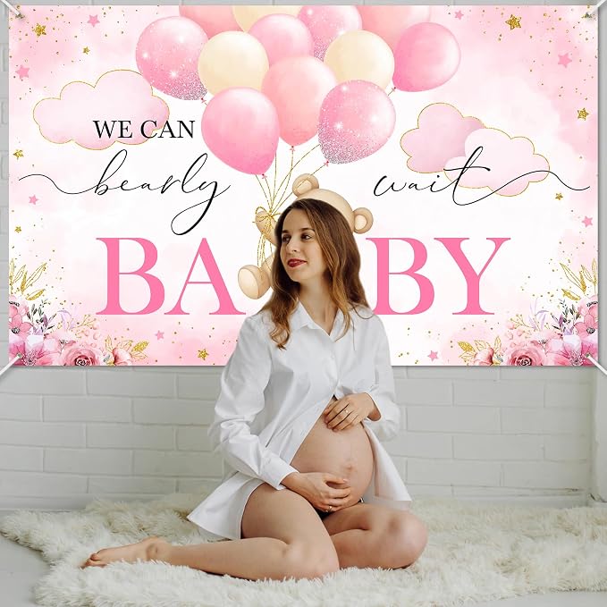Mocsicka We Can Bearly Wait Backdrop Pink Bear Baby Shower Banner Girls Baby - Image 7