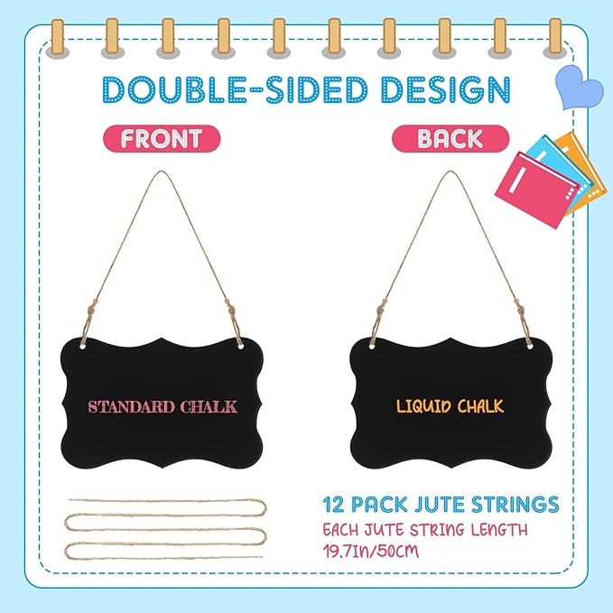 12 Pcs 4 x 6 Acrylic Chalkboard Hanging Sign with Chalk Markers Chalk Board Signs with Hanging String for Wedding Kitchen Home Party Decoration (Arrow)