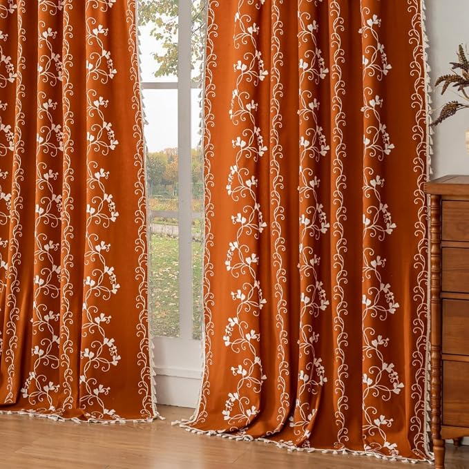 F-CHU Burnt Orange Floral Curtains Bohemian Drapes 72 Inch Length Cotton Linen by F-CHU