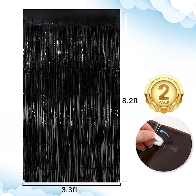 Black Fringe Curtain Party Streamers 4Pack 3.3 x 8.3 Ft Foil Fringe Backdrop - Image 2