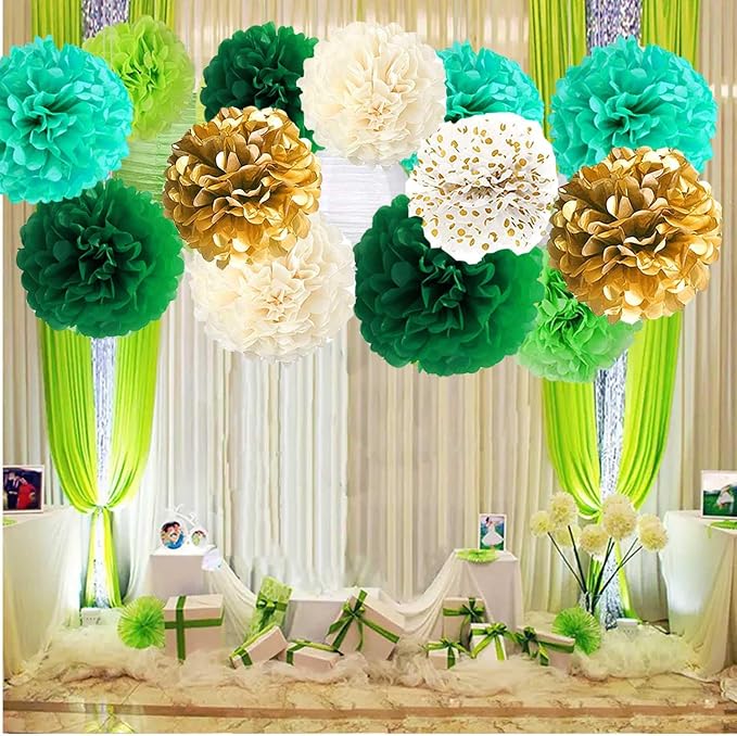 RZIKWT 12 Pcs Green Gold Gradient Wave Point Tissue Paper Pom Poms - Image 2