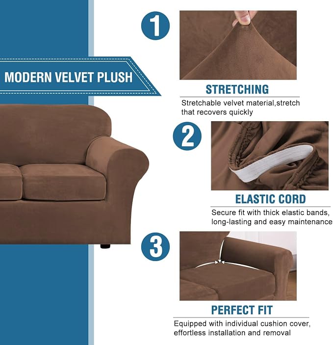 H.VERSAILTEX Velvet 4 Piece High Stretch Sofa Slipcover Cover Furniture - Image 3