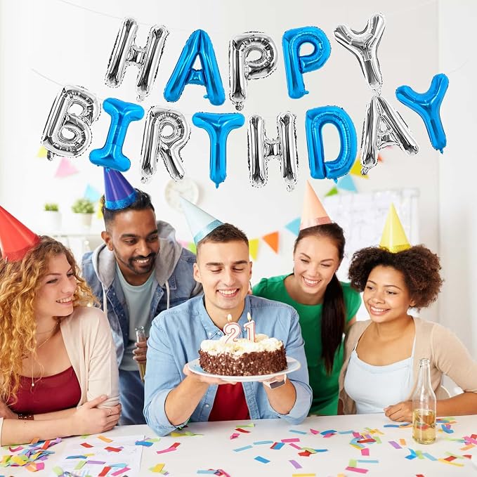 TONIFUL 16 Inch Deep Blue Silver Happy Birthday Balloons Banner Decorations | - Image 5