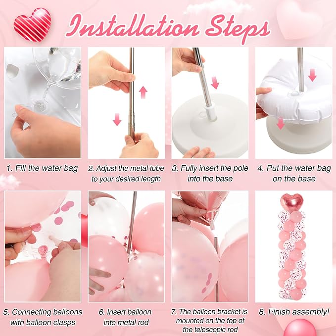 Realspring 2 Sets Wedding Pink and Rose Gold Heart Shape Balloons Column Stand - Image 4