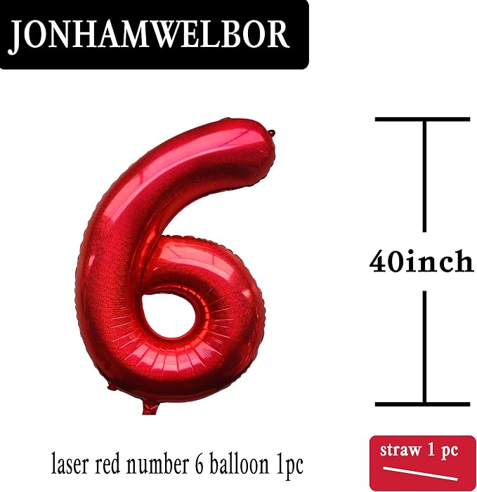 Jonhamwelbor 40 Inch Laser Red Number 6 Balloon Foil Mylar Giant Balloon - Image 2