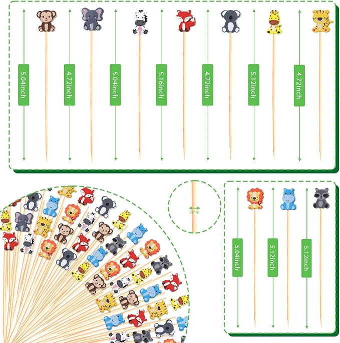 100Pcs Safari Animal Cocktail Picks Young Wild And One Two Three Decor | 5" - Image 2