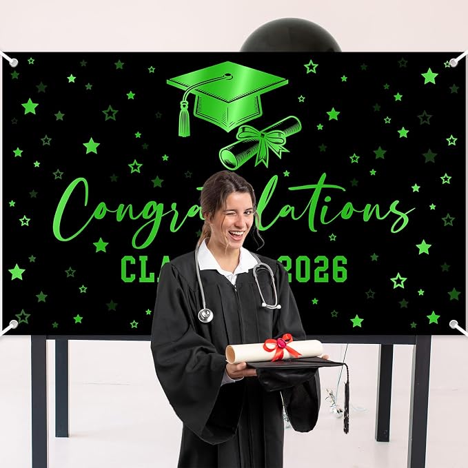 Congratulations Class of 2026 Backdrop Black Green Graduation Banner Congrats - Image 4