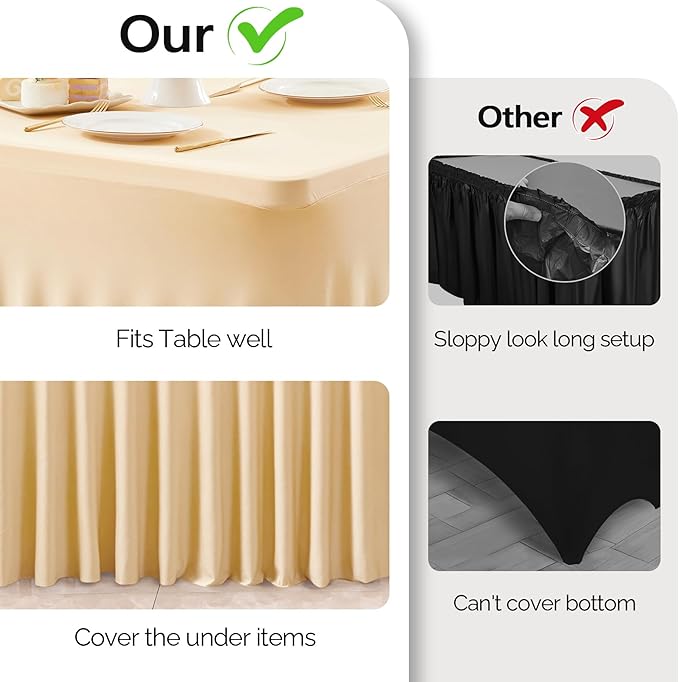 2 Pack Champagne Spandex Table Clothes for 4 Foot Rectangle Tables, 4FT Wrinkle Free Fitted Tablecloths Ruffles Design Table Cover for Party, Banquet, Wedding and Events