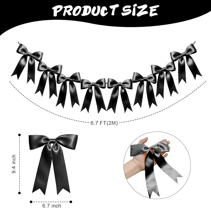 1 String of 8PCS Black Bow Garland Banner Decoration, Pre-Strung Satin Ribbon - Image 2