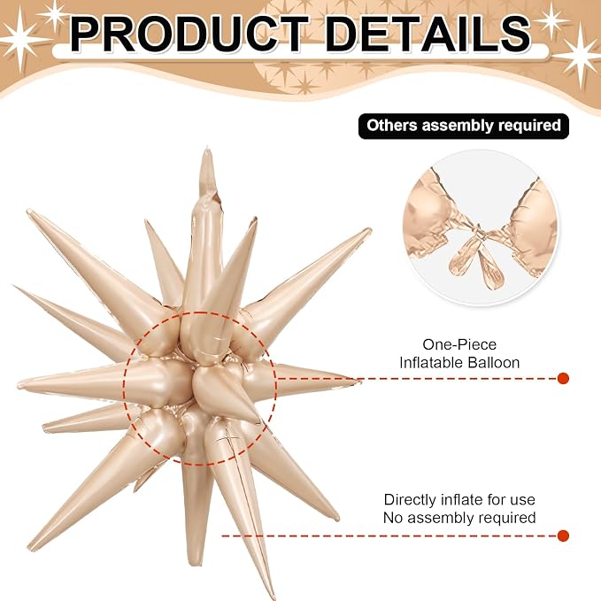 9Pcs Beige Star Balloons, Large Explosion Star Foil Balloons, Cream Caramel - Image 3