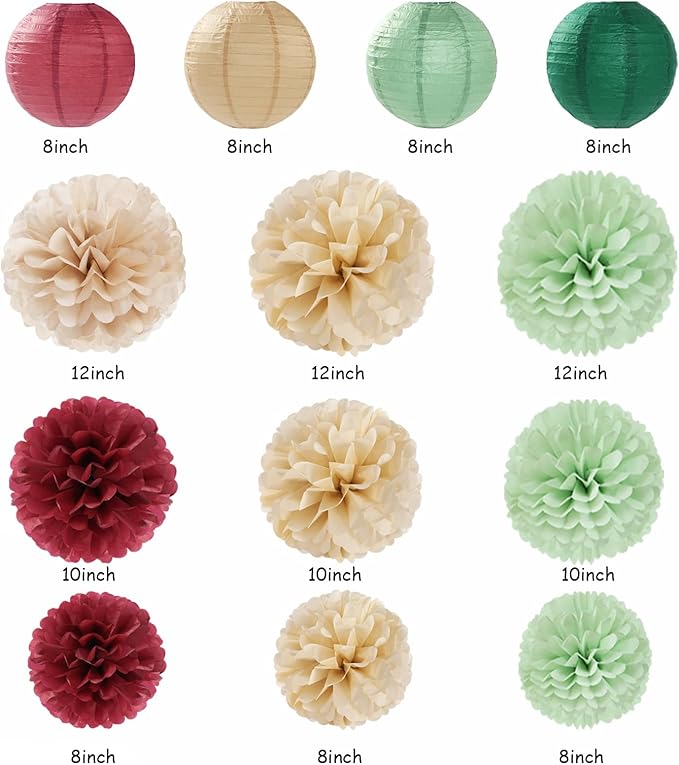 Sage-Olive Green Burgundy-Champagne Boho Party-Decorations - 20pcs Birthday Paper Lanterns Fans,Tissue Pom Poms,Honeycomb Balls,Bunting,Christmas Bridal Baby Shower Wedding Engagement Decor Burgleda