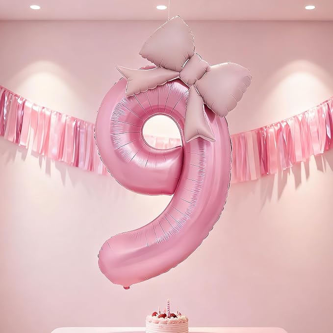 Bow Pink 9 Balloons, 40 Inch Giant Pink Bow Helium Foil Number 9 - Image 4