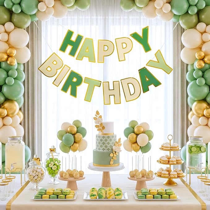Pre-Strung Happy Birthday Banner Sage Green Party Decorations | adjustable cord - Image 8