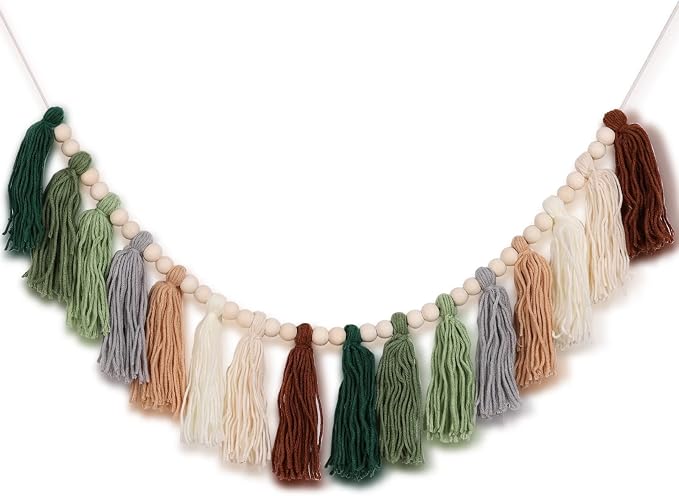 Green Tassel Garland with Wood Bead Jungle Leaves Garland Banner by XMGZQ