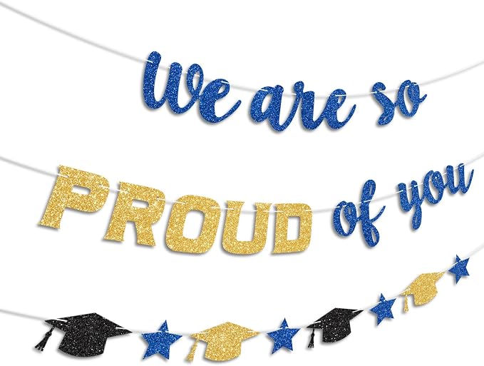 We Are So Proud of You Banner Prestrung Blue and Gold Graduation Banner - Image 2