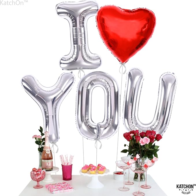 KatchOn Silver I Love You Balloons 40 Inch, Valentines Day Decorations | Foil - Image 7