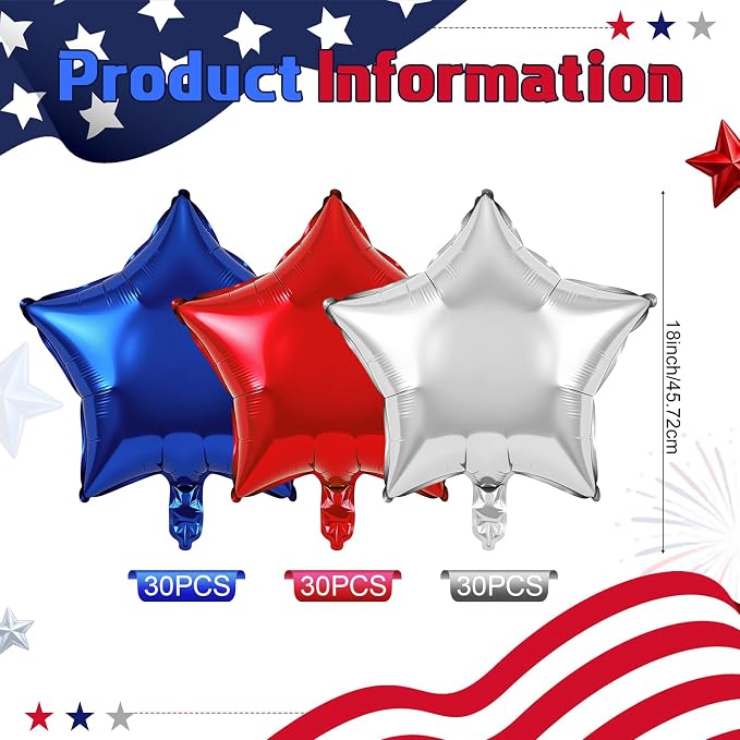 90 Pack 18 Inch Red White Blue Balloons Star Foil Balloons Bulk Patriotic - Image 2