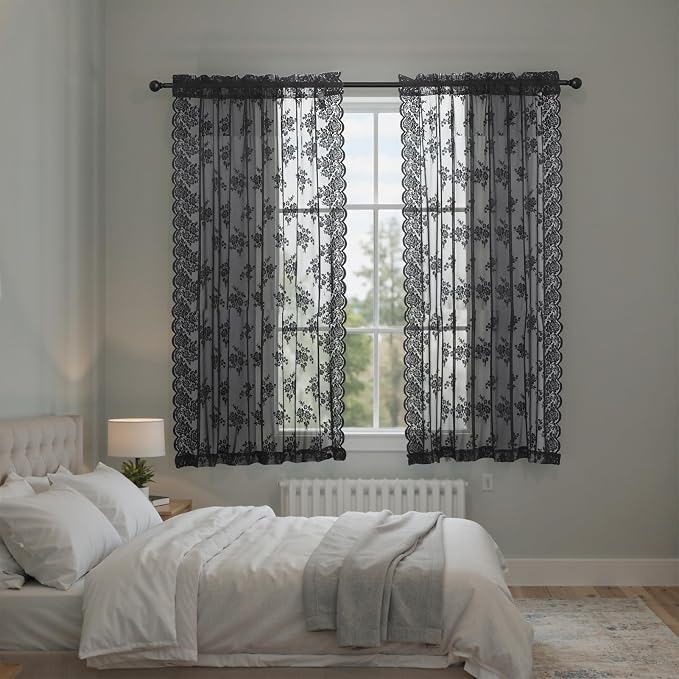 Kotile Black Lace Curtains for Bedroom Vintage Floral W42xL54 Inch 2 Panels | - Image 4