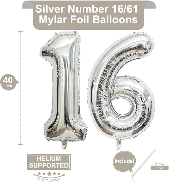 40 Inch Silver 16 Number Balloons Giant 16 or 61 Balloons Silver Birthday 16 - Image 2