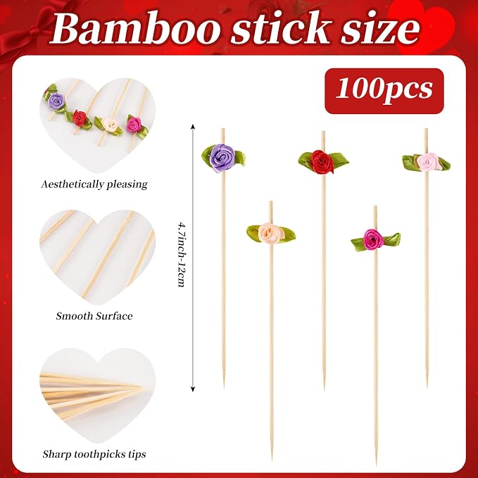 100 pcs Mother's day Valentines Day Cocktail Picks Multicolored Roses Bamboo - Image 7