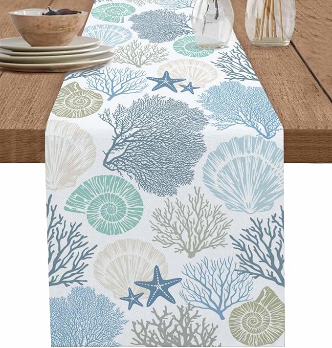 Coastal Coral Cotton Linen Table Runner for Dining Kitchen, Wedding Outdoor Party Tablerunners Decoration, Blue Nautical Starfish Ocean Shell Beach Dresser Scarf Coffee Tablecloth Runners 13''x120''