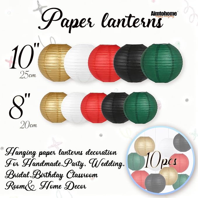 10 Pcs Paper Lanterns Decor, 8 & 10 Inch Hanging Round Lanterns in Red Black - Image 3
