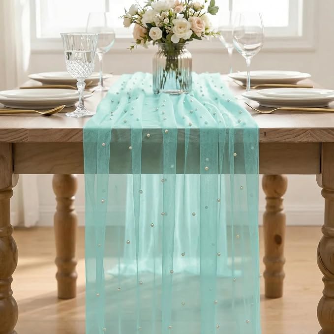 Artoid Mode 10Pcs Pearl Turquoise Gauze Table Runner 120 Inch 10FT, Seasonal - Image 2