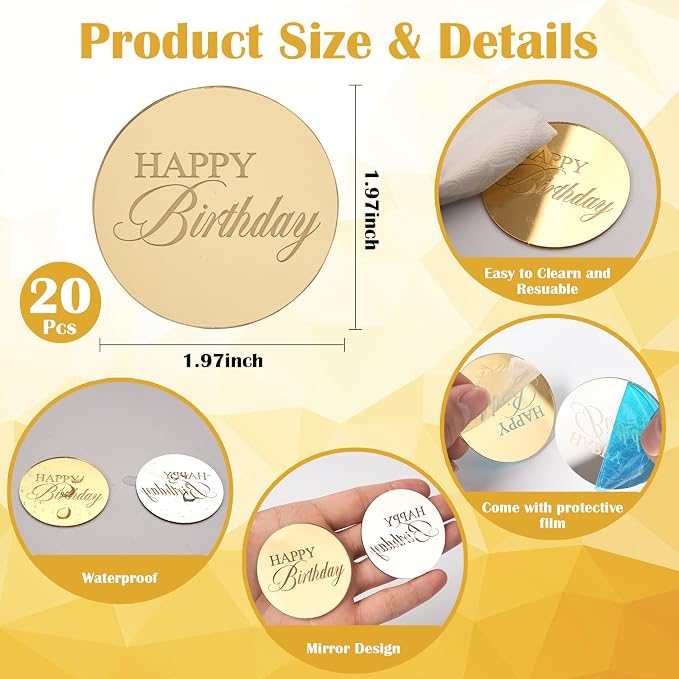 20pcs Gold Birthday Cupcake Toppers Acrylic Cake Picks - Image 2