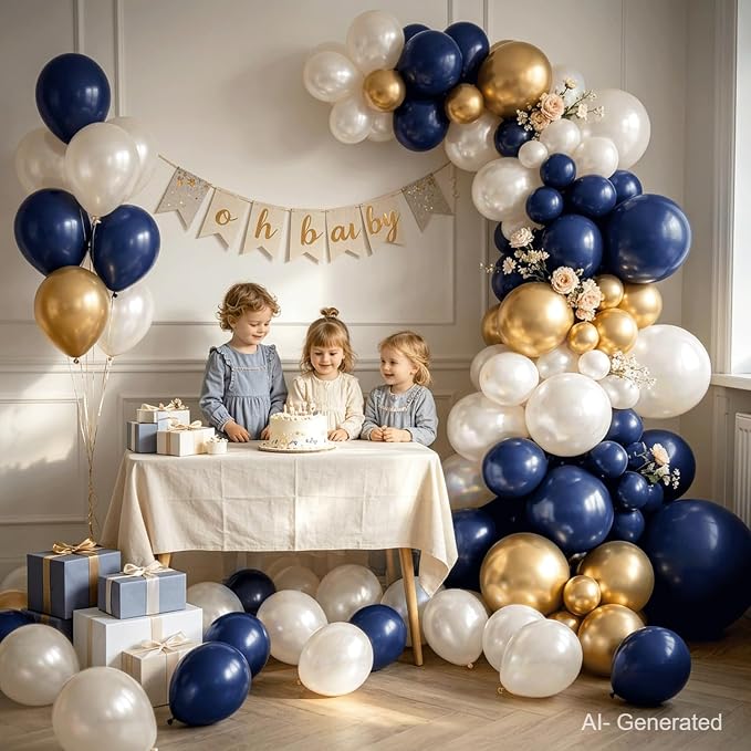 Navy Blue Gold Balloons Arch Kit, Double Stuffed Pearl White Blue Gold Chrome - Image 7